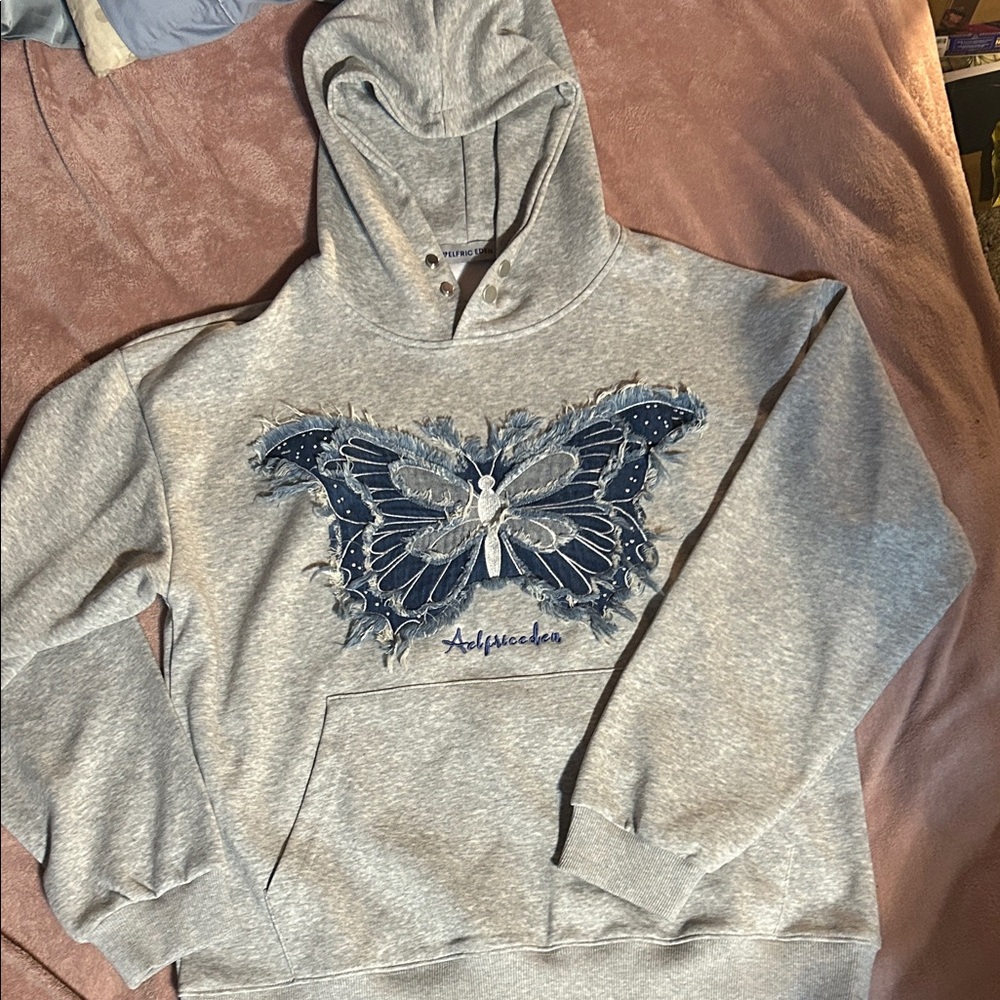 Aelfric Eden Gray Hoodie with Blue denim Butterfly Design